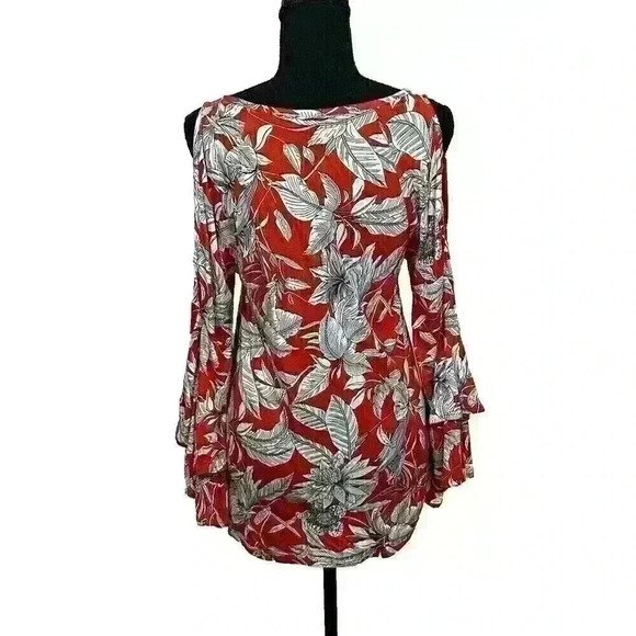 Lascana for Venus Womens XS Red White Floral Cold Shoulder Tunic Flutter Sleeve - Picture 10 of 10